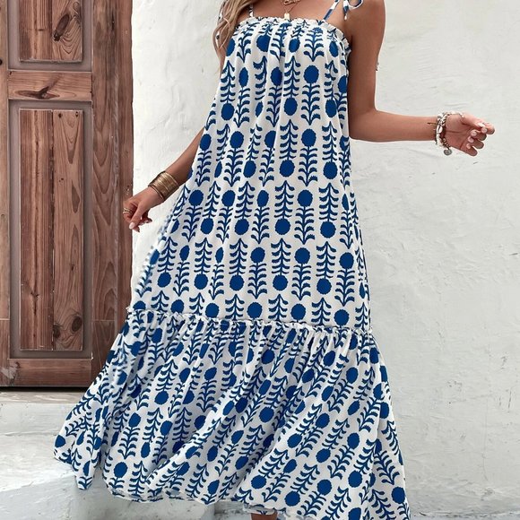 Blue Boho Womens Geo Print Ruffle Hem Cami Dress - Picture 2 of 5